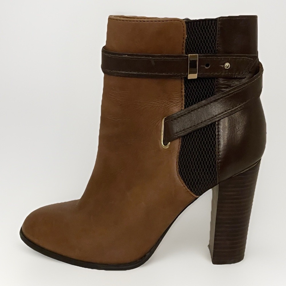 Aldo Women's 8.5 Leather High Heel Ankle Boots Brown Two Tone Straps Buckles‎